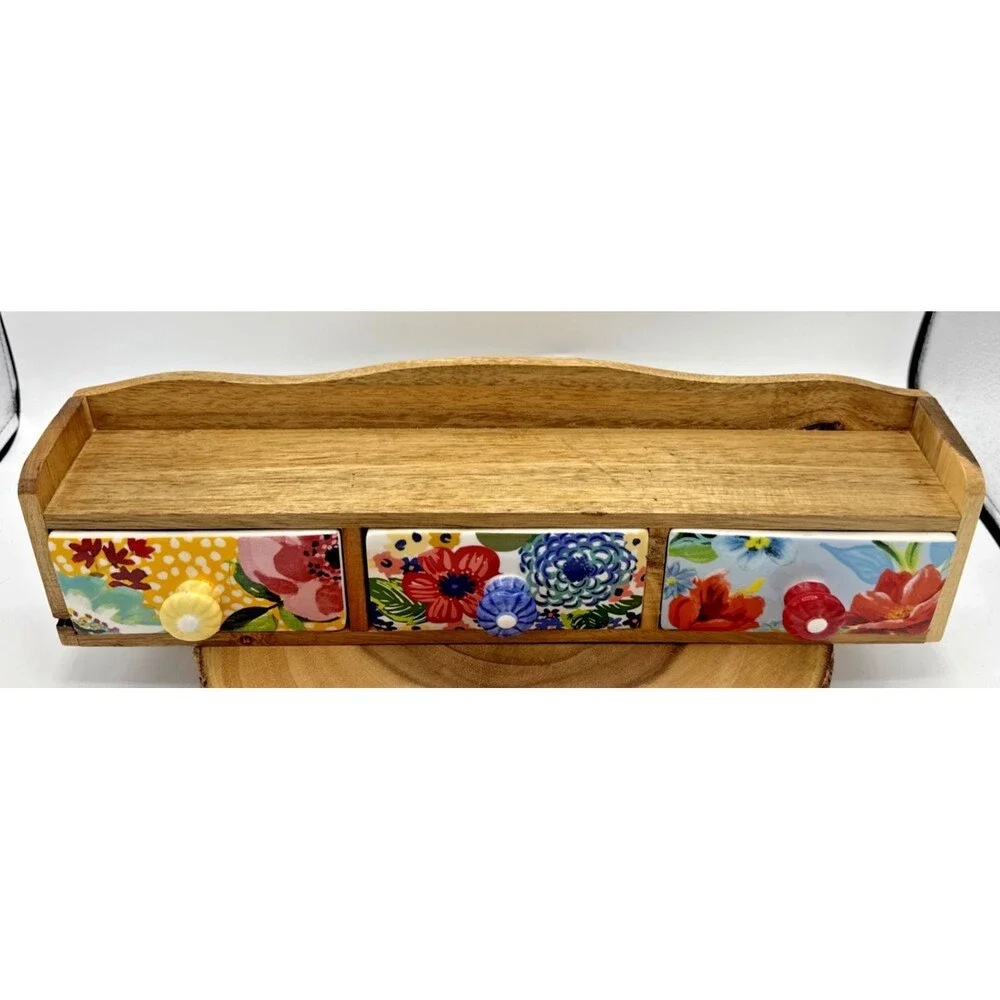 The Pioneer Woman Spice Rack Wood Shelf Ceramic 3-Drawers Bin Floral Melody